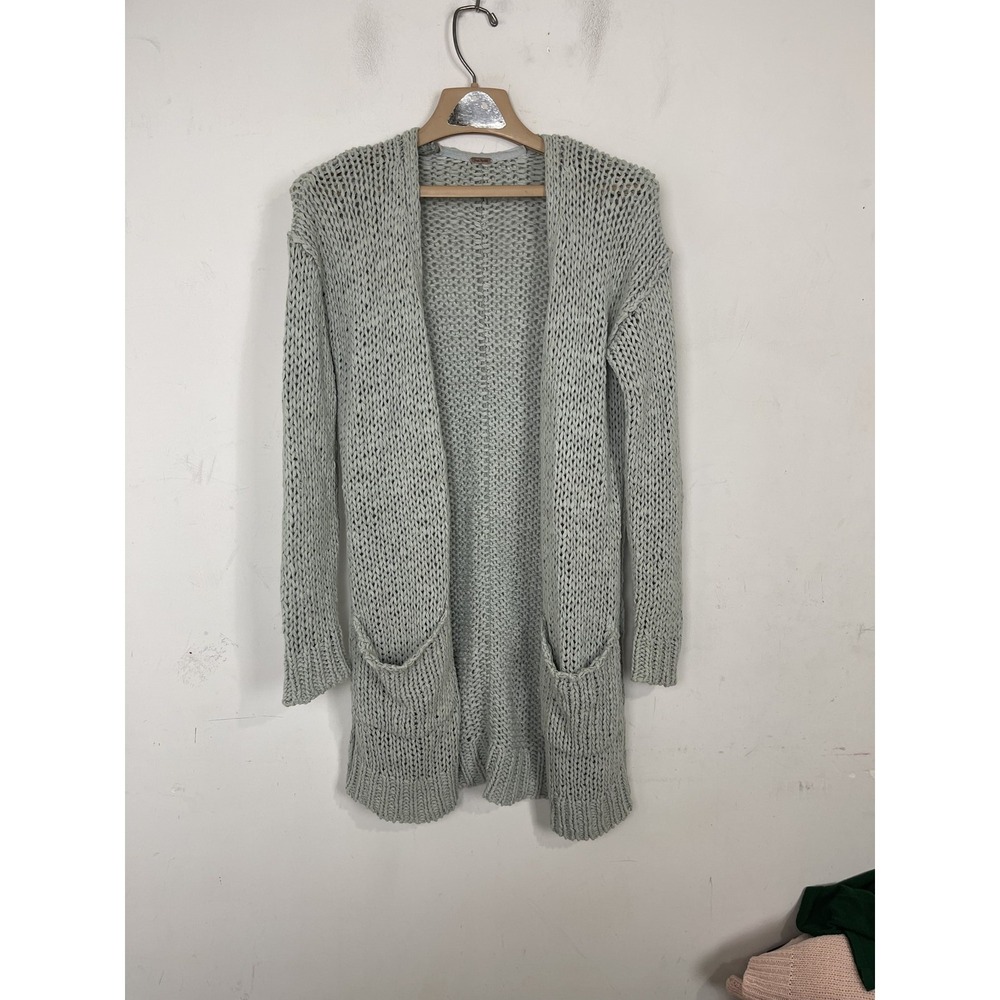 Free People Open Knit Longline Cardigan Light Blue Grey Pockets Womens Sweater